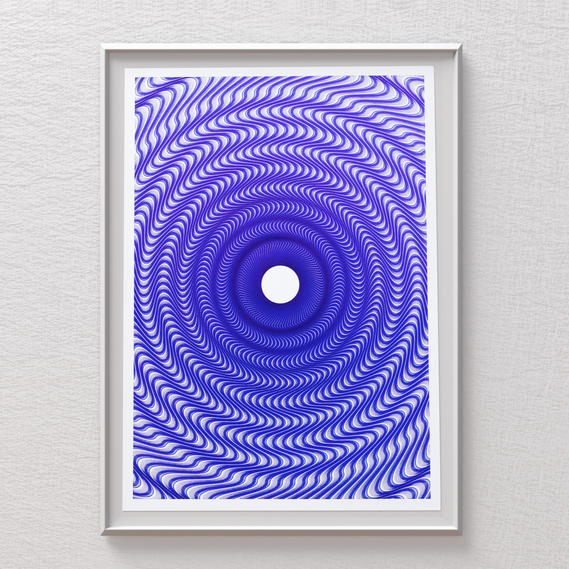 “Guilloché Haute Amplitude Bleu” mechanical drawing with guilloché pattern waves in blue.