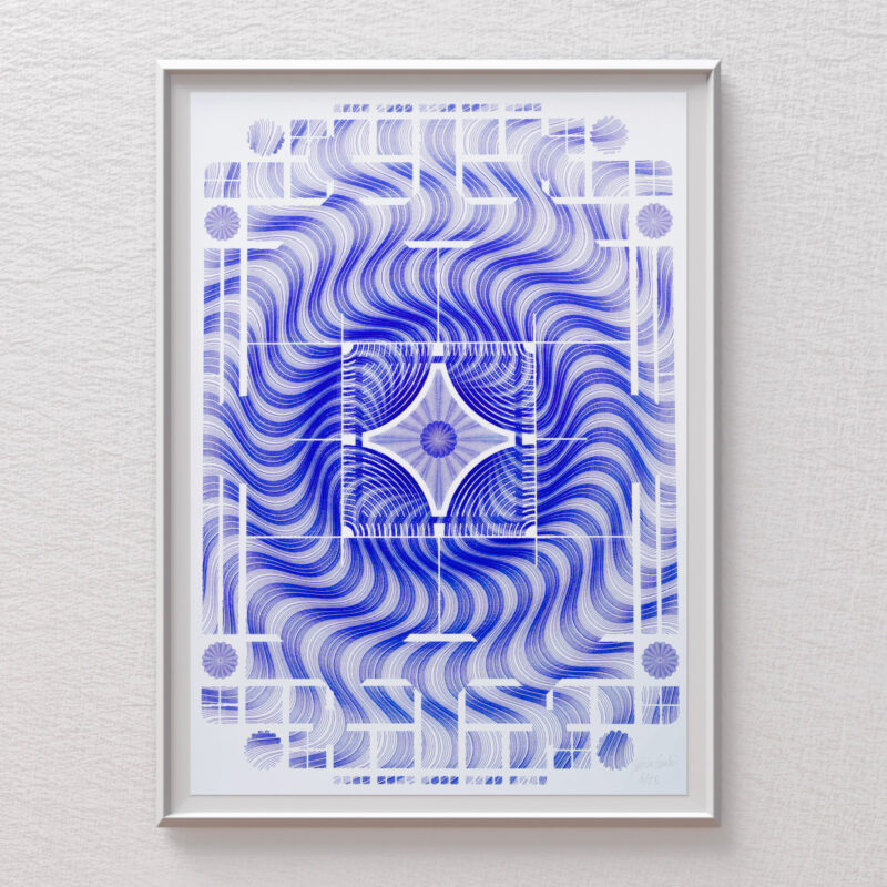 Generative mechanical drawing “Guilloché Mosaïque Bleu” inspired by Swiss guilloché decoration, by Jérôme Gautier