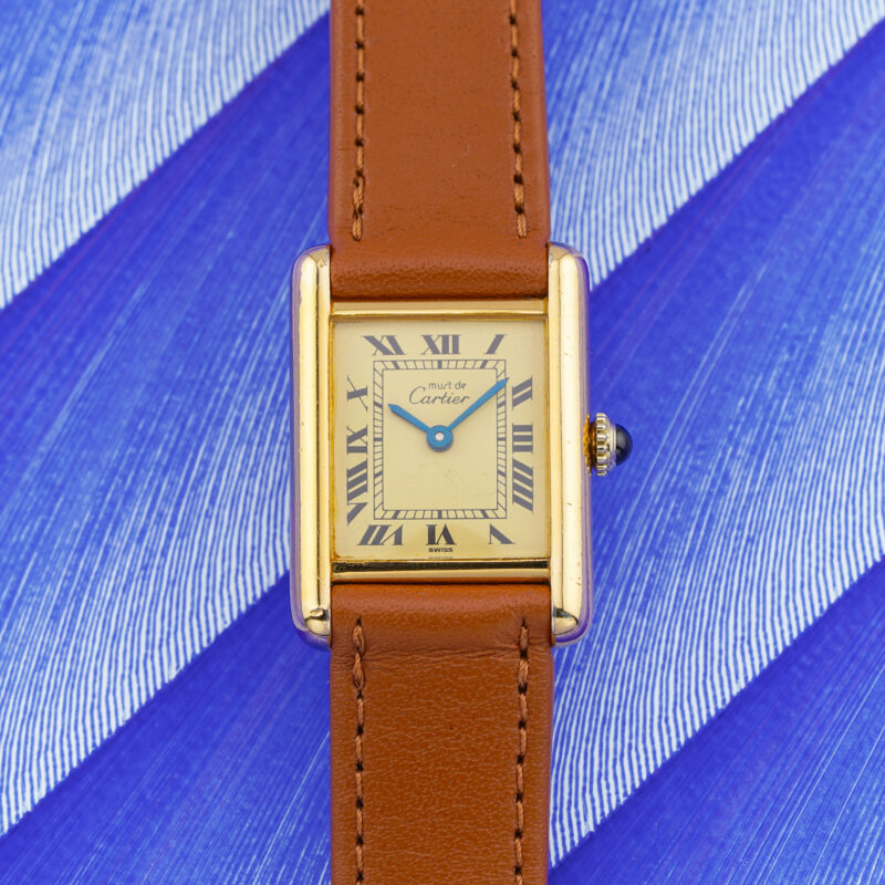 Cartier Must de Tank vintage manual winding watch – gold-plated case – leather strap – Geneva