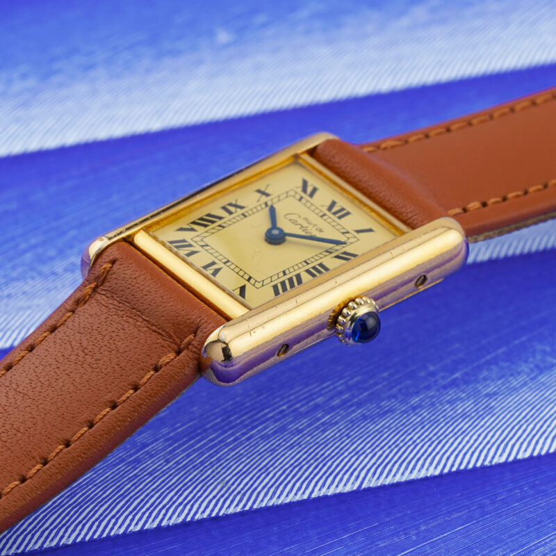 Cartier Must de Tank vintage manual winding watch – gold-plated case – leather strap – Geneva