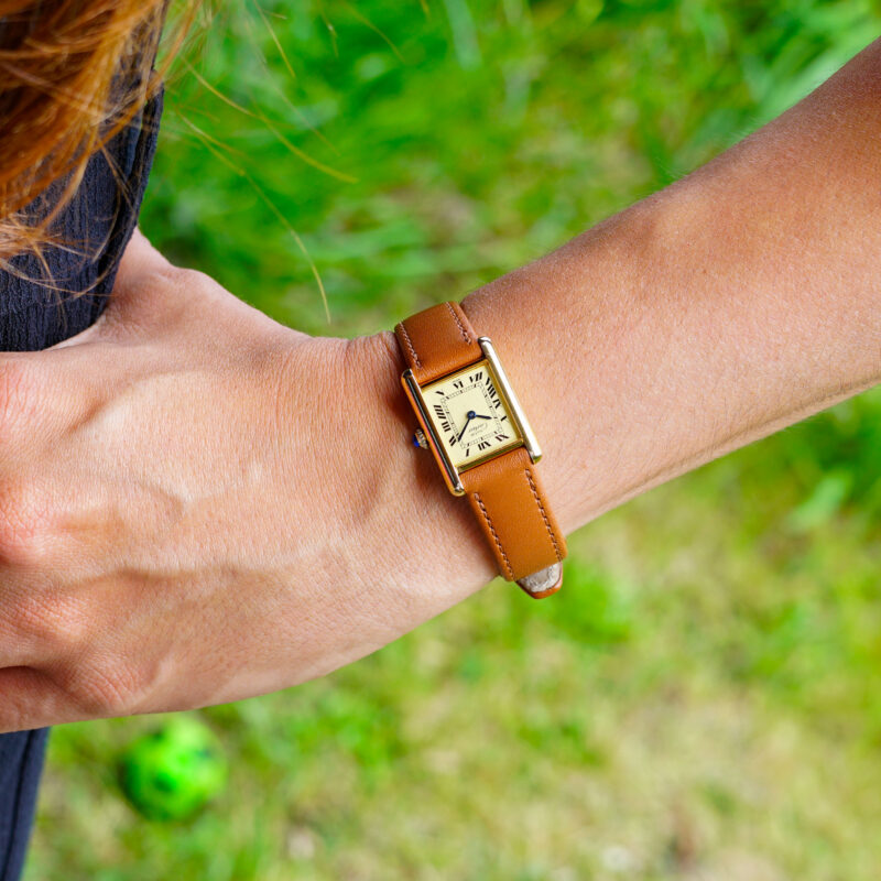 Cartier Must de Tank vintage manual winding watch – gold-plated case – leather strap – Geneva