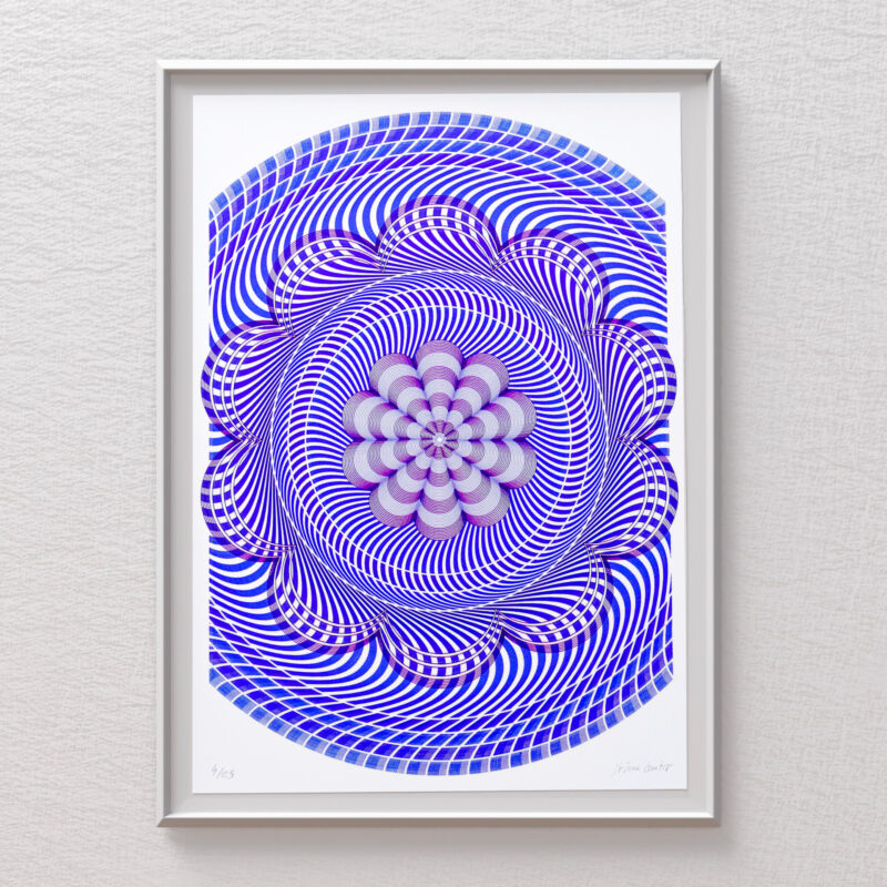 A blue reinterpretation of flinqué patterns from Swiss horology, plotted stroke by stroke.