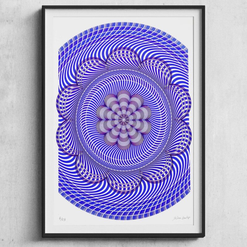 Generative mechanical drawing inspired by Swiss flinqué technique, created by Jérôme Gautier using a pen plotter and BIC pens.