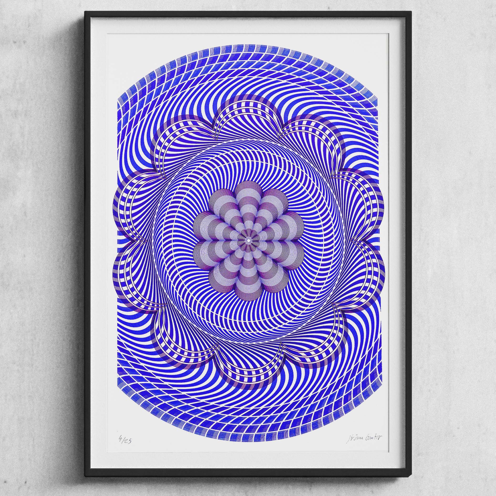 Generative mechanical drawing inspired by Swiss flinqué technique, created by Jérôme Gautier using a pen plotter and BIC pens.
