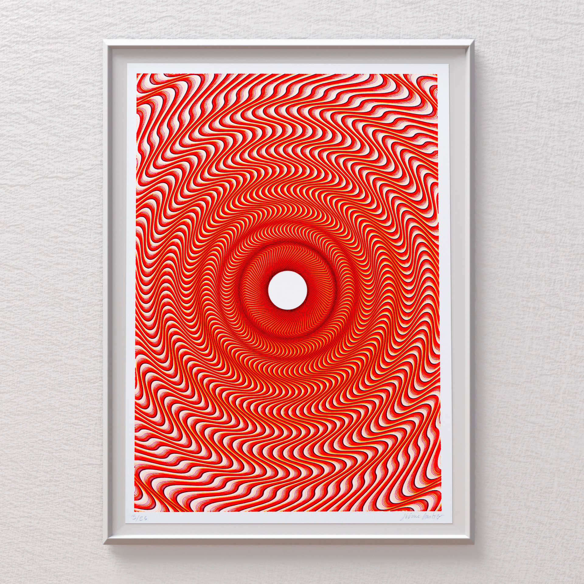 Mechanical drawing “Guilloché Haute Amplitude Orange” with dynamic high-amplitude guilloché patterns.