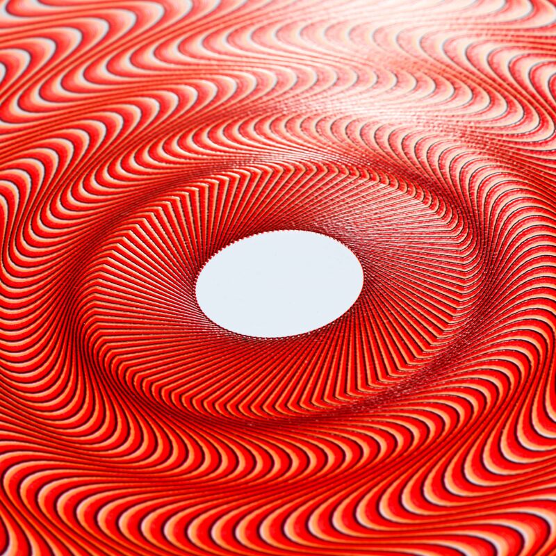 Mechanical drawing “Guilloché Haute Amplitude Orange” with dynamic high-amplitude guilloché patterns.