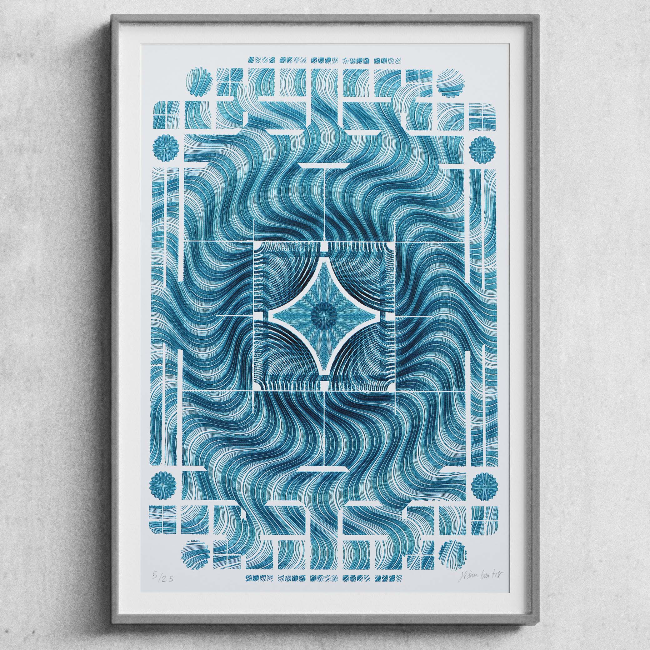 Green mechanical drawing “Guilloché Mosaïque Jade” inspired by guilloché patterns in Swiss watchmaking.