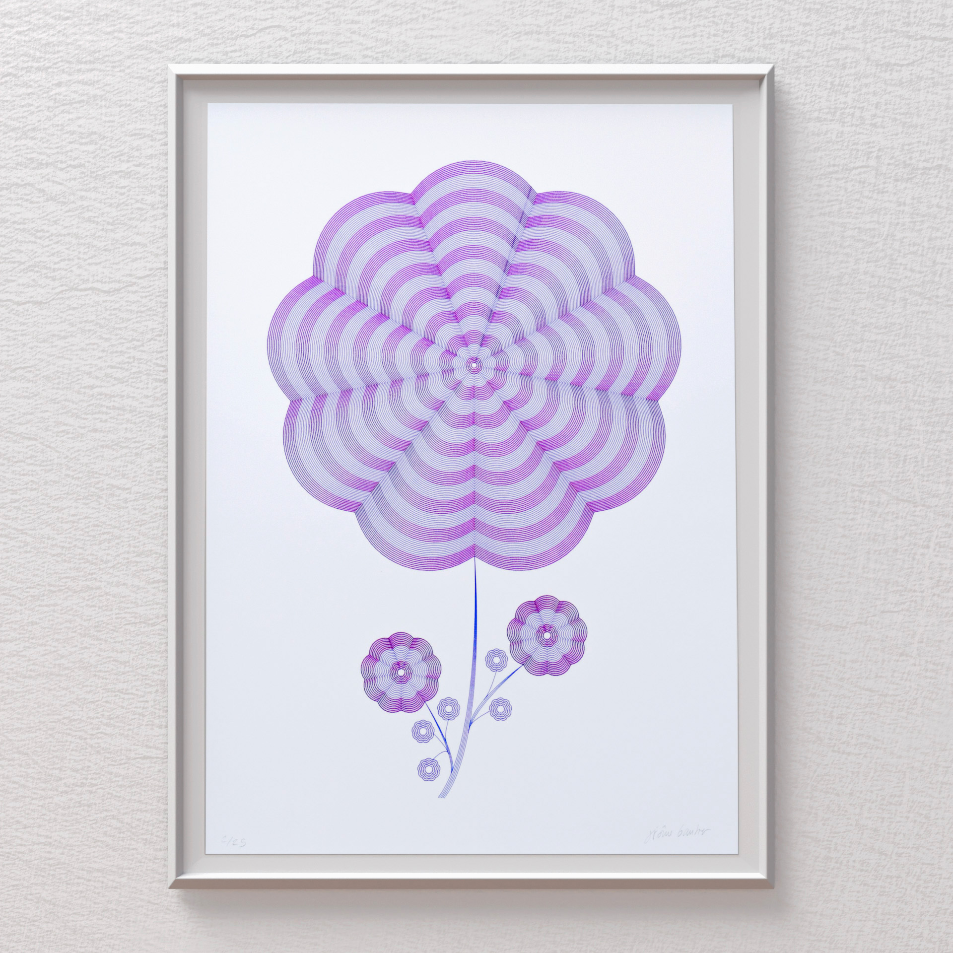 Mechanical drawing “Fleur Flinqué II” inspired by Swiss flinqué watch decoration, by Jérôme Gautier using BIC pens and pen plotting.