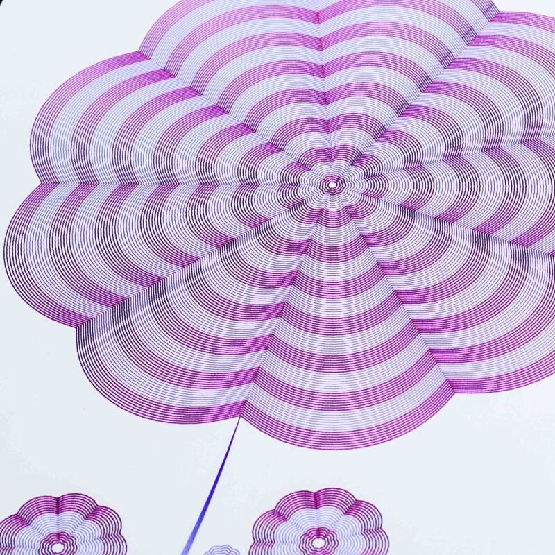 Mechanical drawing “Fleur Flinqué II” inspired by Swiss flinqué watch decoration, by Jérôme Gautier using BIC pens and pen plotting.
