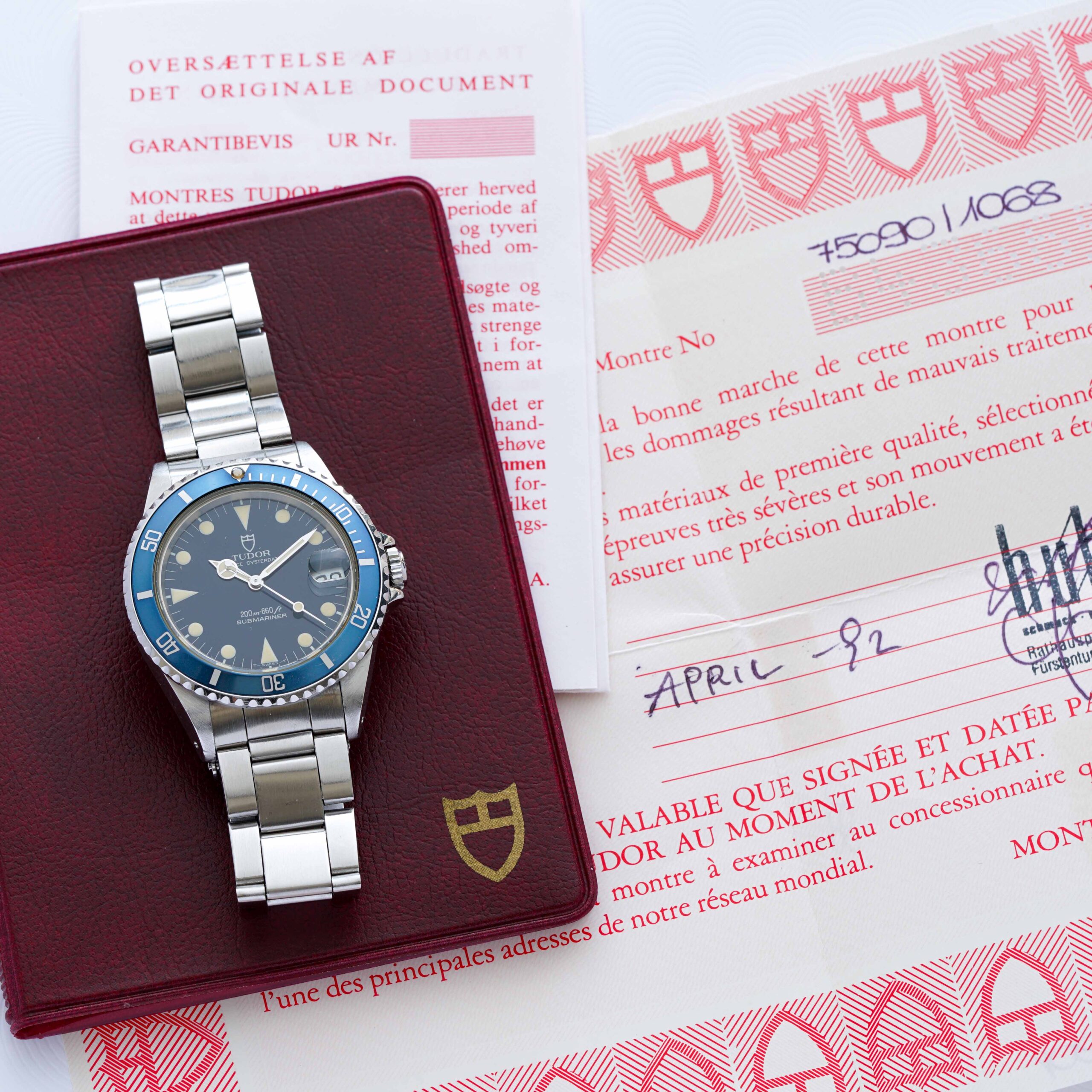 Tudor Submariner Ref. 75090 Mid-size blue faded bezel with papers from 1992